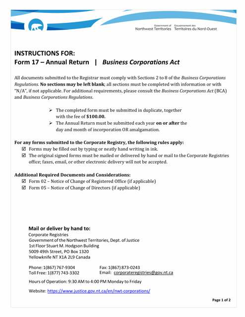 Instructions for Form 17 Annual Return - Northwest Territories, Canada