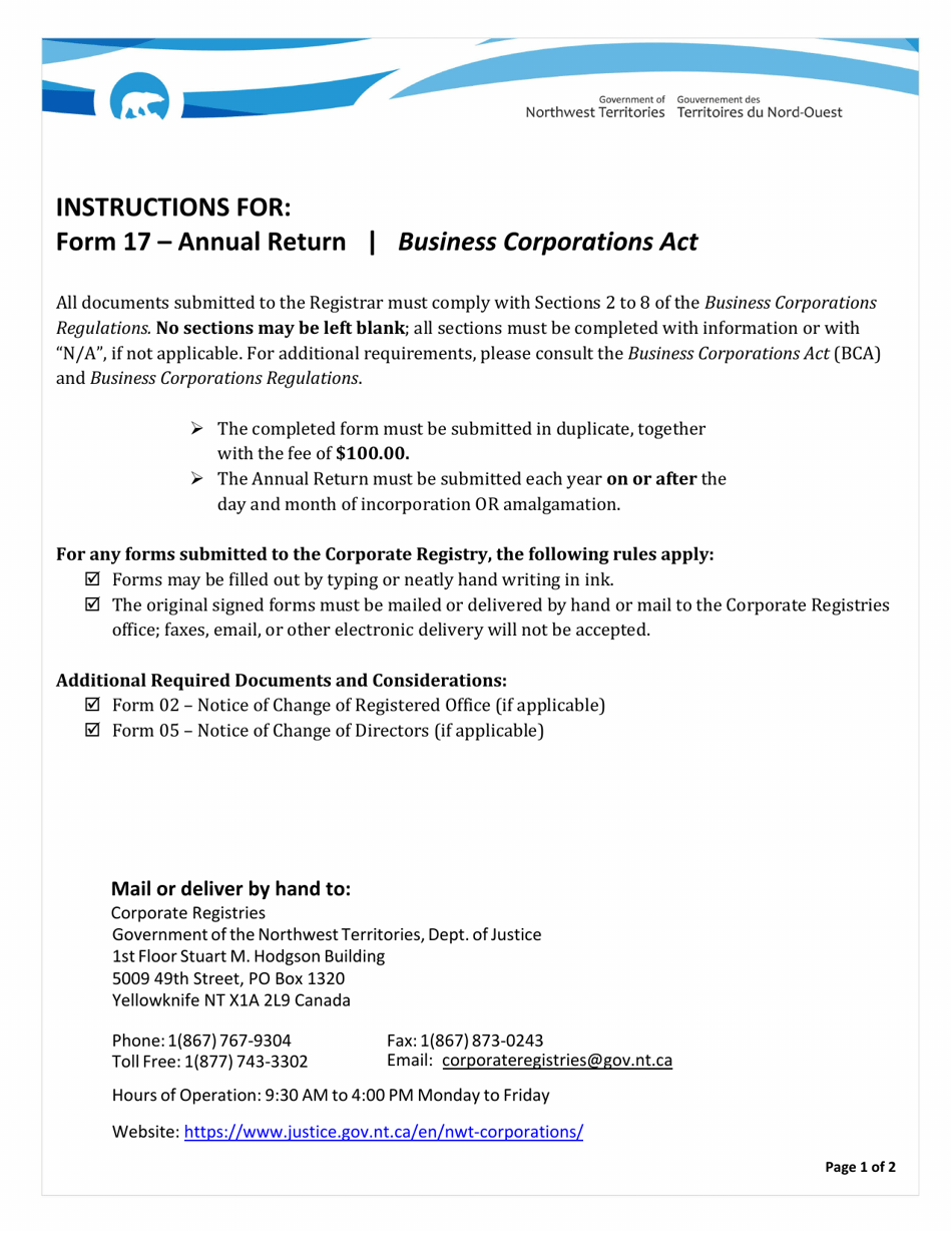 Instructions for Form 17 Annual Return - Northwest Territories, Canada, Page 1
