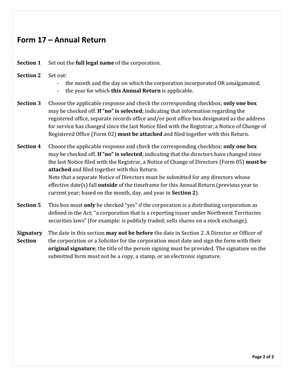 Instructions for Form 17 Annual Return - Northwest Territories, Canada, Page 2