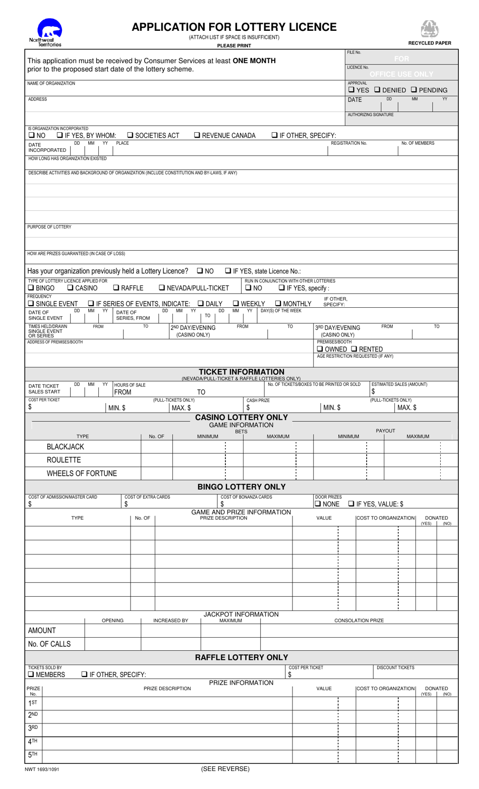 Form NWT1693 Application for Lottery Licence - South Slave Region Only - Northwest Territories, Canada, Page 1