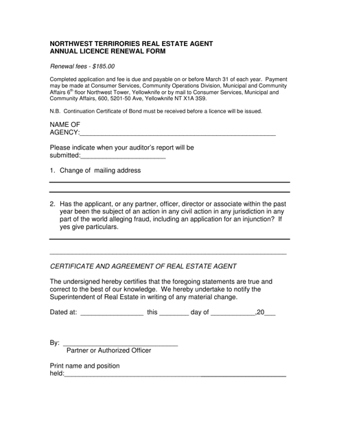 Northwest Terrirories Real Estate Agent Annual Licence Renewal Form - Northwest Territories, Canada Download Pdf