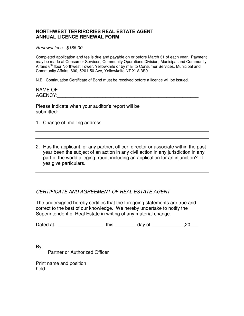 Northwest Terrirories Real Estate Agent Annual Licence Renewal Form - Northwest Territories, Canada, Page 1