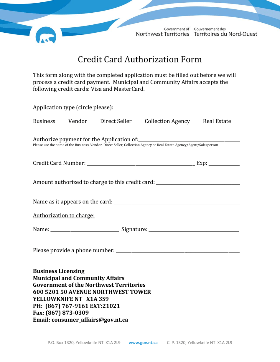 Credit Card Authorization Form - Northwest Territories, Canada, Page 1