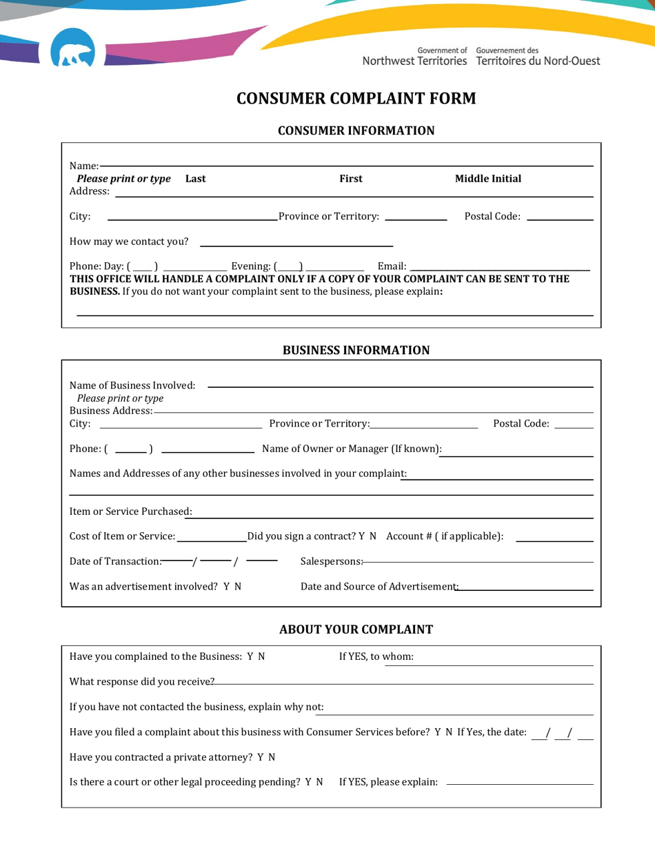 Consumer Complaint Form - Northwest Territories, Canada, Page 1