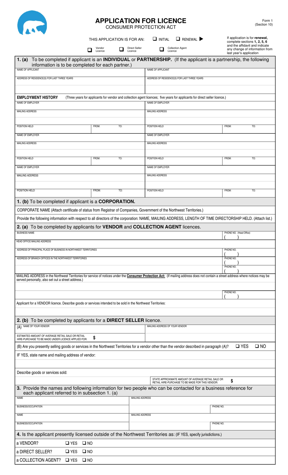 Form 1 Application for Licence - Consumer Protection Act - Northwest Territories, Canada, Page 1