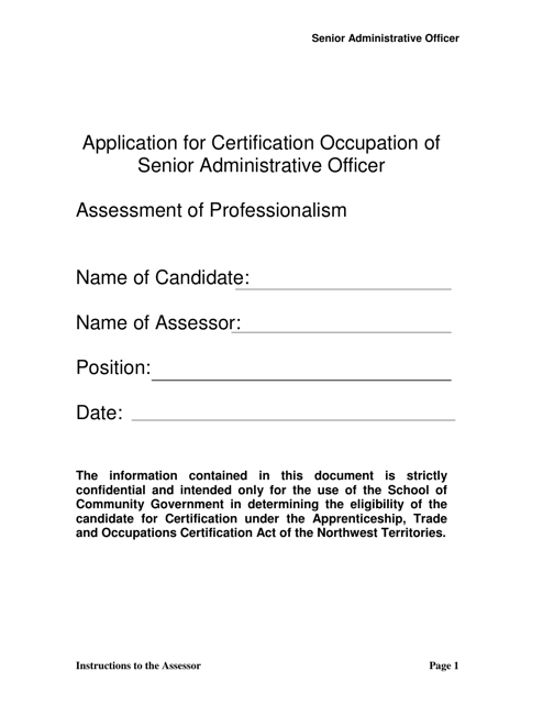 Application for Certification Occupation of Senior Administrative Officer - Assessment of Professionalism - Northwest Territories, Canada Download Pdf
