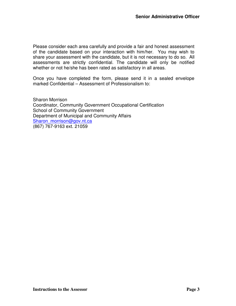 Application for Certification Occupation of Senior Administrative Officer - Assessment of Professionalism - Northwest Territories, Canada, Page 3