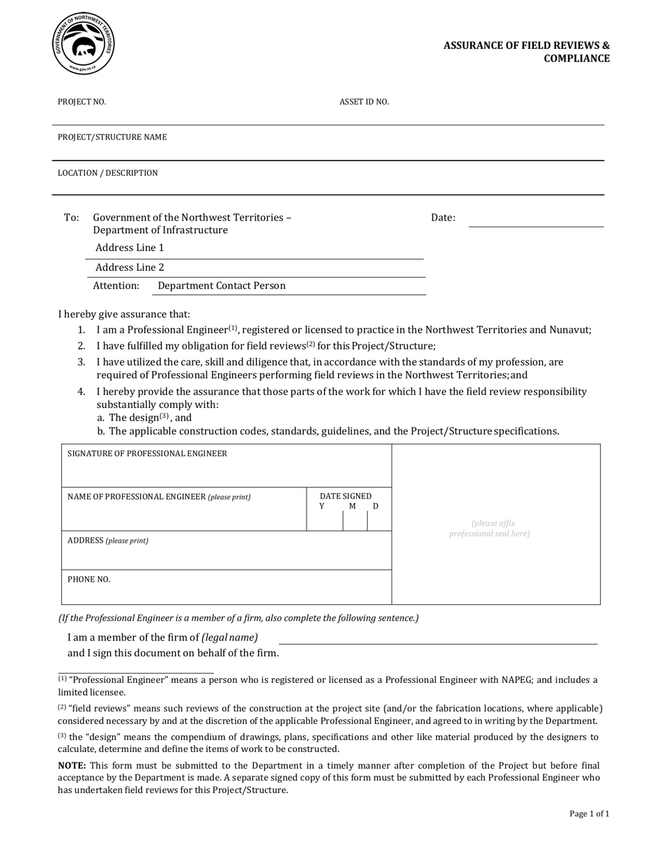 Assurance of Field Reviews  Compliance - Northwest Territories, Canada, Page 1