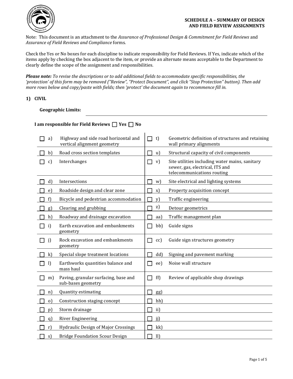 Schedule A Summary of Design and Field Review Assignments - Northwest Territories, Canada, Page 1