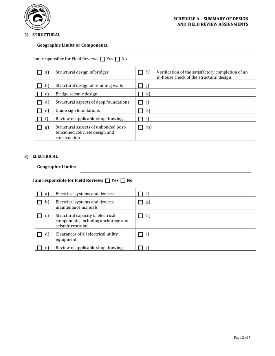 Schedule A Summary of Design and Field Review Assignments - Northwest Territories, Canada, Page 2