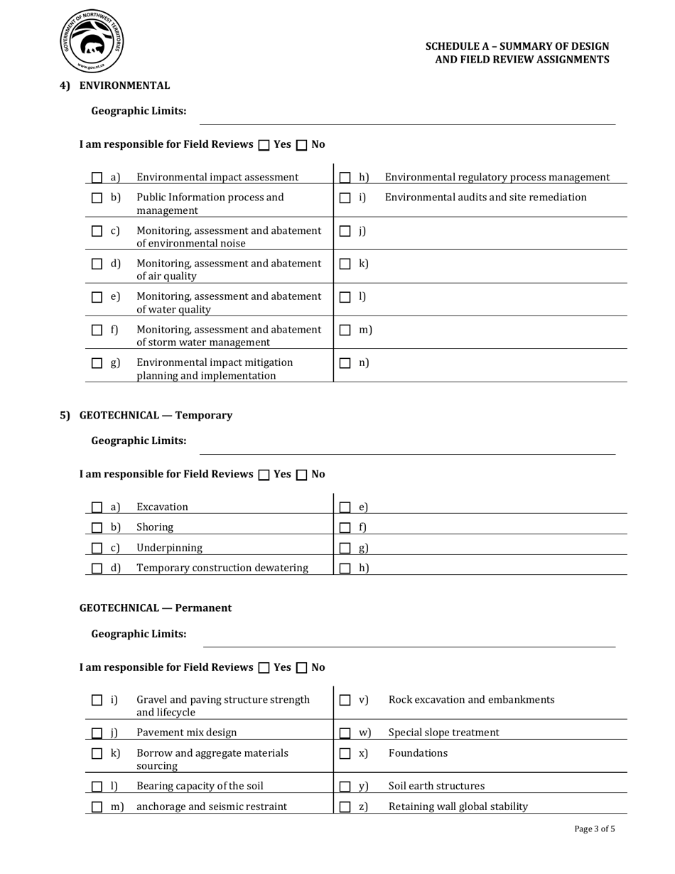 Schedule A Summary of Design and Field Review Assignments - Northwest Territories, Canada, Page 3