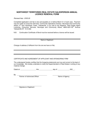 Document preview: Northwest Territories Real Estate Salesperson Annual Licence Renewal Form - Northwest Territories, Canada