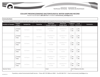 Form NWT9099 &quot;Colilert Presence/Absence Bacteriological Water Sampling Record&quot; - Northwest Territories, Canada