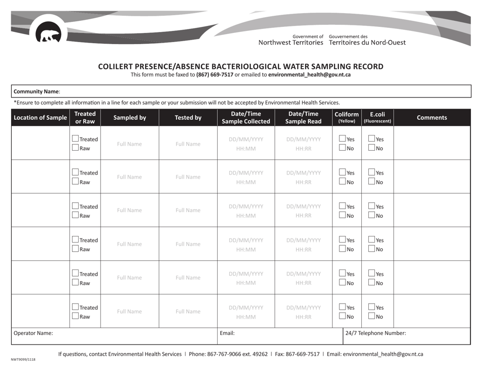 Form NWT9099 Colilert Presence / Absence Bacteriological Water Sampling Record - Northwest Territories, Canada, Page 1