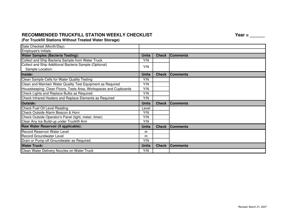 Recommended Truckfill Station Weekly Checklist (For Truckfill Stations Without Treated Water Storage) - Northwest Territories, Canada, Page 1