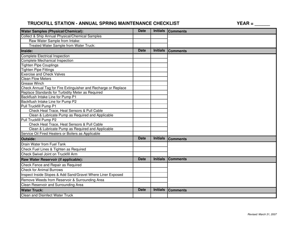 Truckfill Station - Annual Spring Maintenance Checklist - Northwest Territories, Canada, Page 1