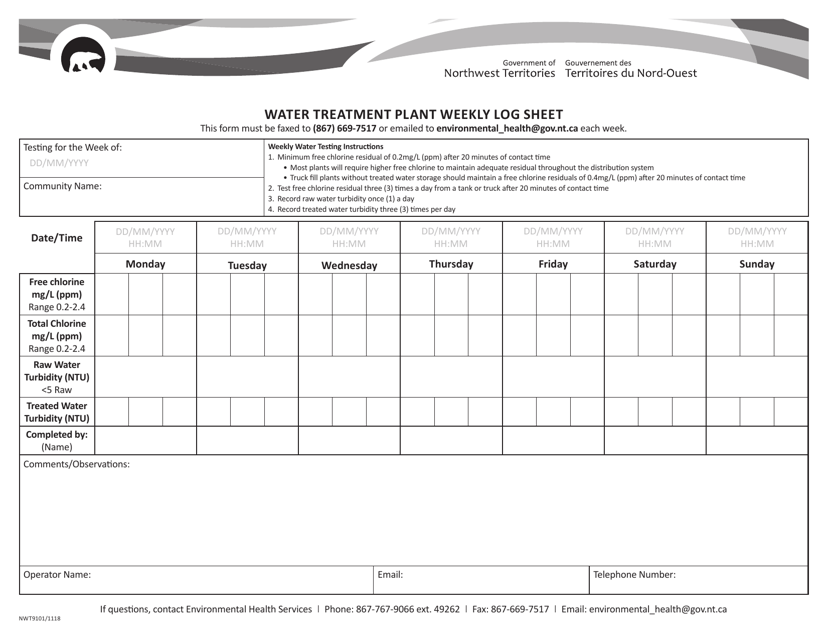 Form NWT9101 Water Treatment Plant Weekly Log Sheet - Northwest Territories, Canada