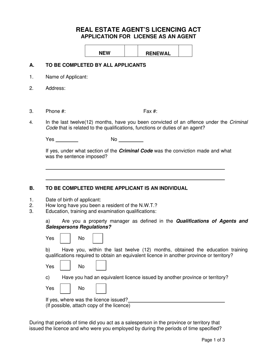 Application for License as an Agent - Real Estate Agents Licencing Act - Northwest Territories, Canada, Page 1
