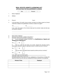 Document preview: Application for Salesperson's Licence - Real Estate Agent's Licencing Act - Northwest Territories, Canada