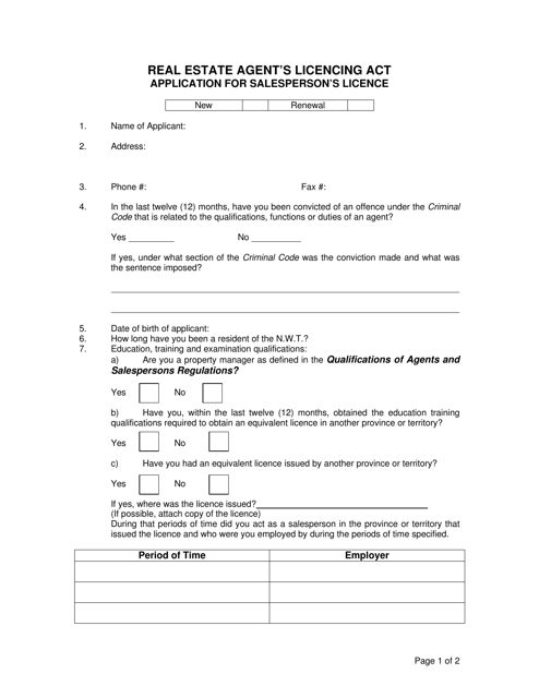 Application for Salesperson's Licence - Real Estate Agent's Licencing Act - Northwest Territories, Canada Download Pdf