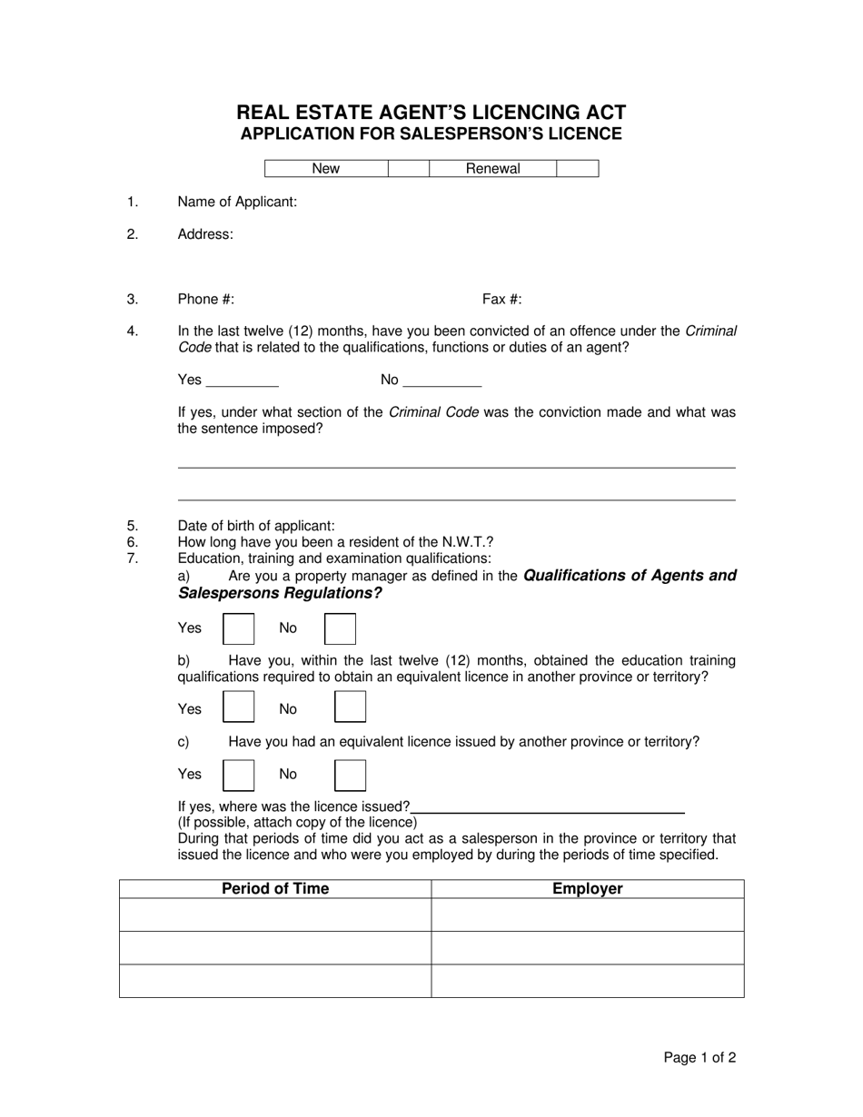 Northwest Territories Canada Application for Salesperson's Licence