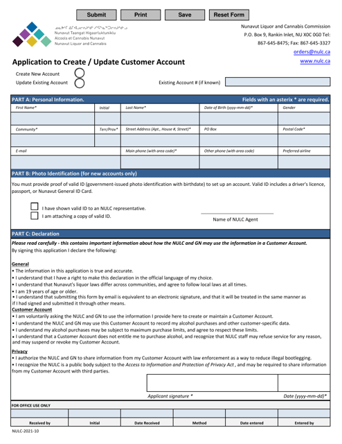 Application to Create / Update Customer Account - Nunavut, Canada Download Pdf