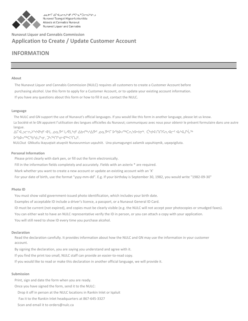 Application to Create / Update Customer Account - Nunavut, Canada, Page 2