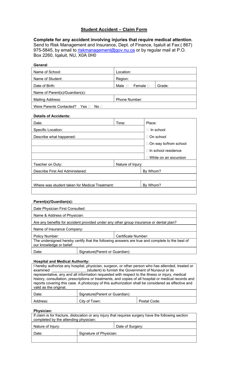 Student Accident - Claim Form - Nunavut, Canada, Page 1