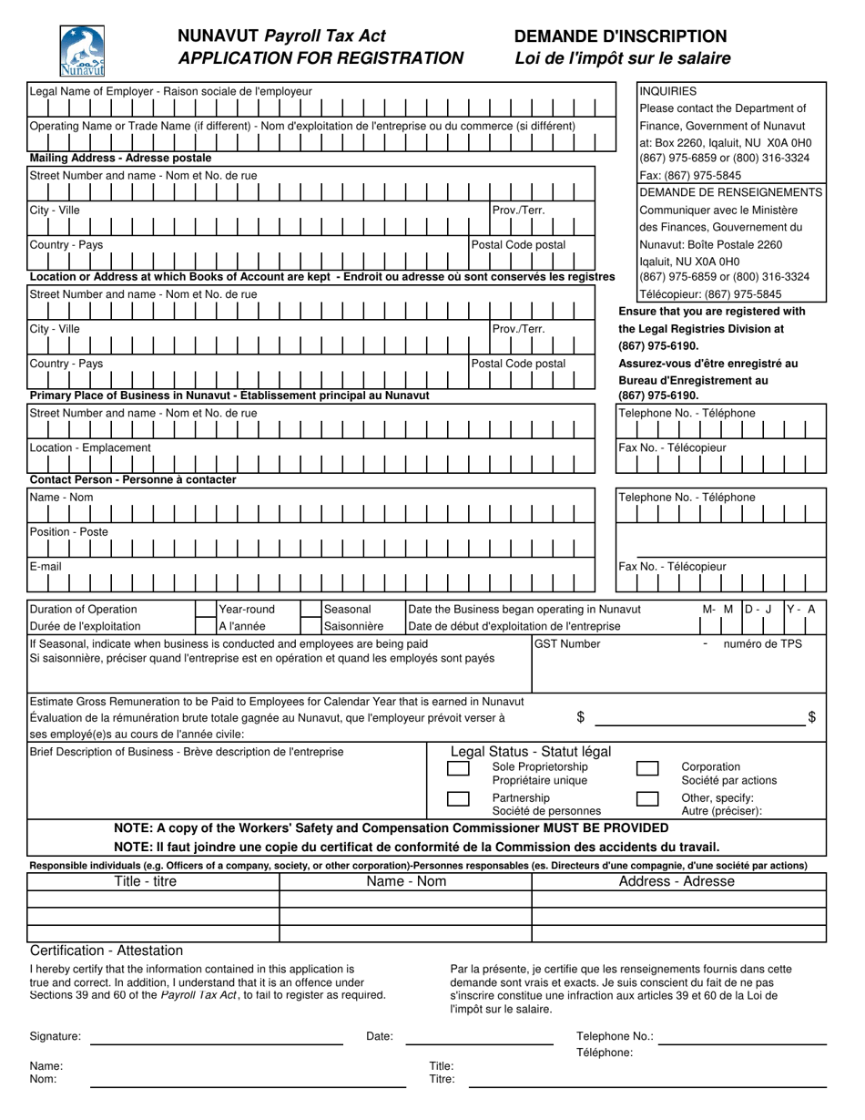 Application for Registration - Nunavut Payroll Tax Act - Nunavut, Canada (English / French), Page 1