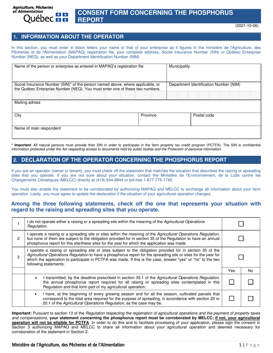 Consent Form Concerning the Phosphorus Report - Quebec, Canada, Page 1