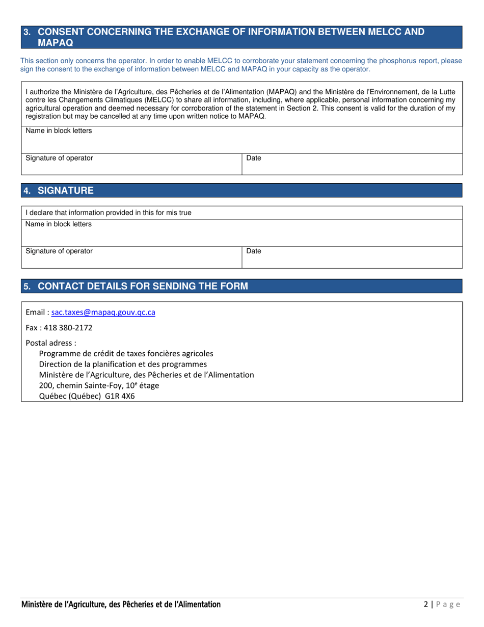 Consent Form Concerning the Phosphorus Report - Quebec, Canada, Page 2