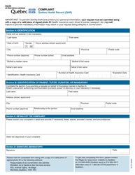 Form 20-715-06WA &quot;Complaint - Quebec Health Record&quot; - Quebec, Canada
