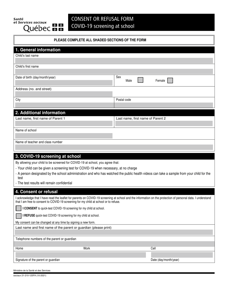 Form 21-210-125FA Consent or Refusal Form - Covid-19 Screening at School - Quebec, Canada, Page 1