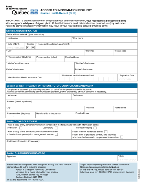 Form 20-715-03WA Access to Information Request - Quebec Health Record (Qhr) - Quebec, Canada