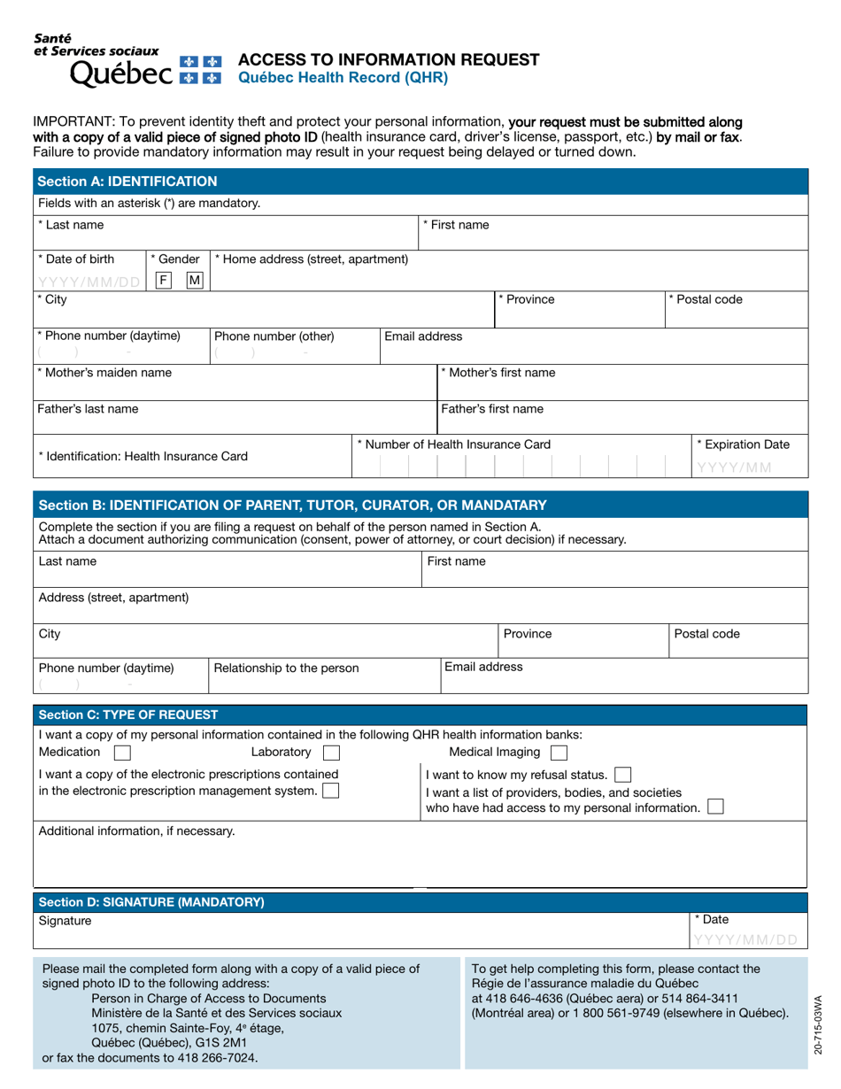 Form 20-715-03WA Access to Information Request - Quebec Health Record (Qhr) - Quebec, Canada, Page 1