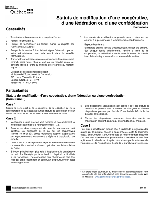 Instruction pour Forme 6, F-CO6 Statuts De Modification D'une Cooperative, D'une Federation Ou D'une Confederation - Quebec, Canada (French)