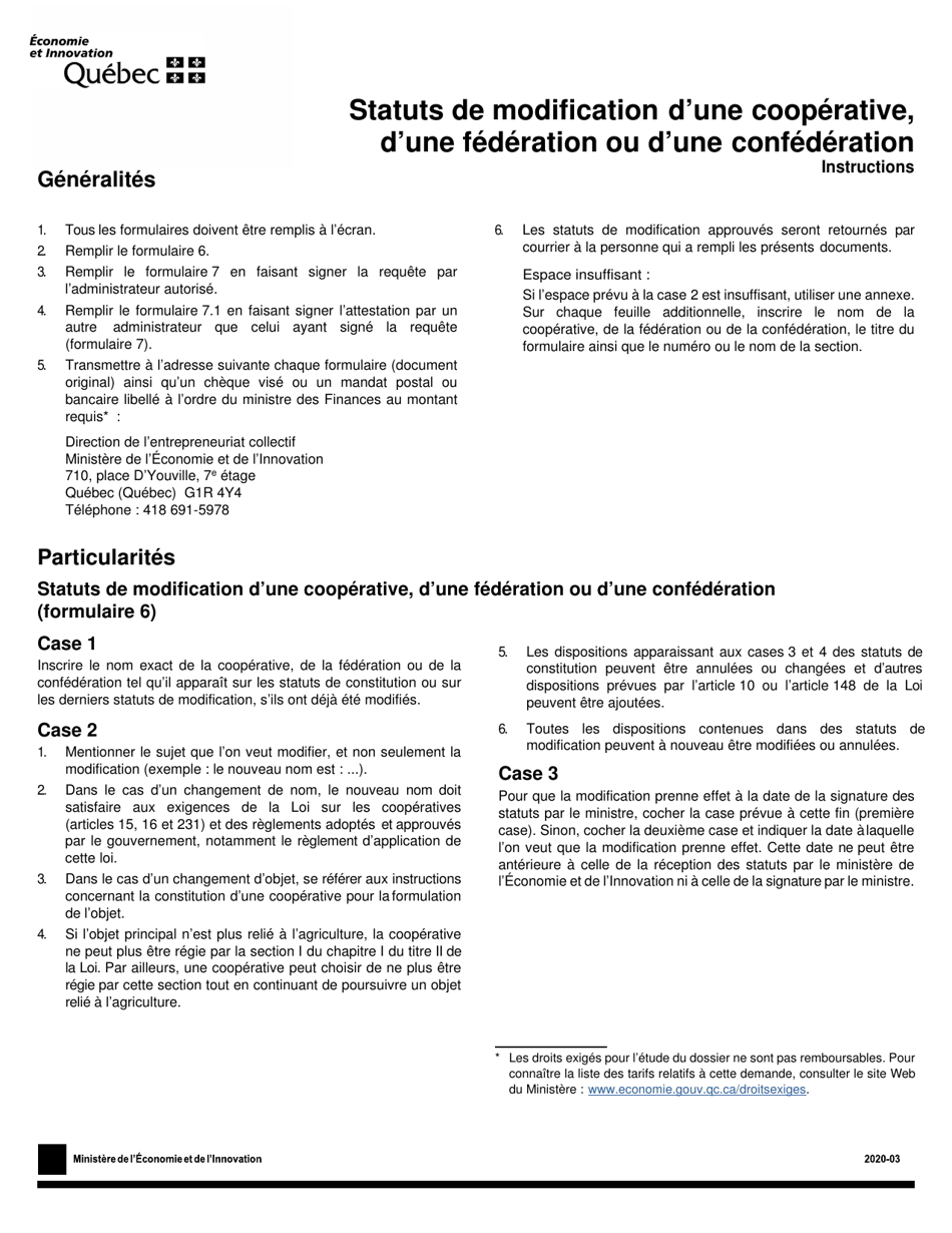Instruction pour Forme 6, F-CO6 Statuts De Modification Dune Cooperative, Dune Federation Ou Dune Confederation - Quebec, Canada (French), Page 1