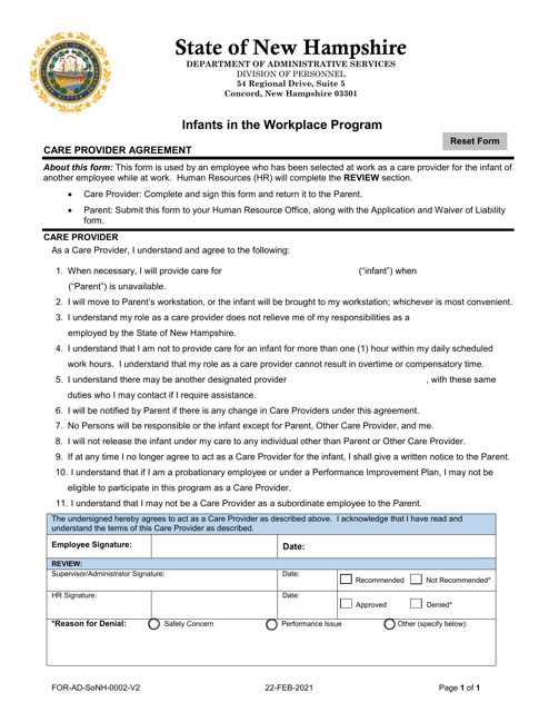 Care Provider Agreement - Infants in the Workplace Program - New Hampshire Download Pdf