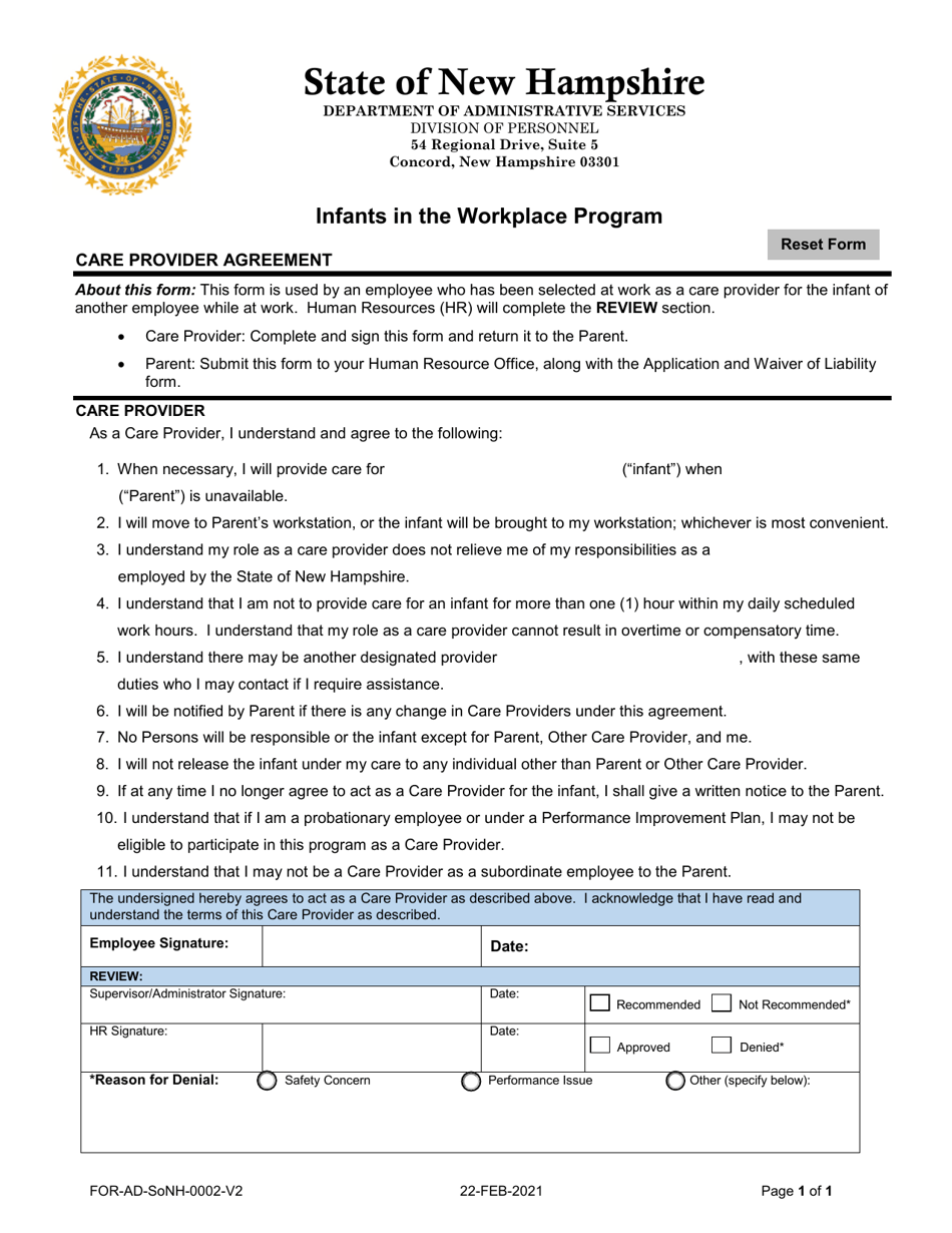 Care Provider Agreement - Infants in the Workplace Program - New Hampshire, Page 1