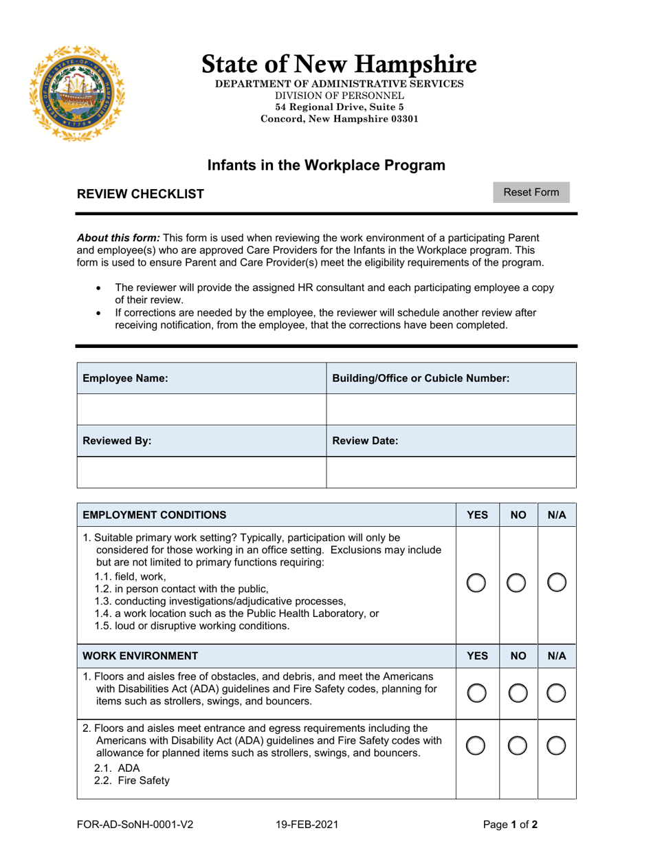 Review Checklist - Infants in the Workplace Program - New Hampshire, Page 1
