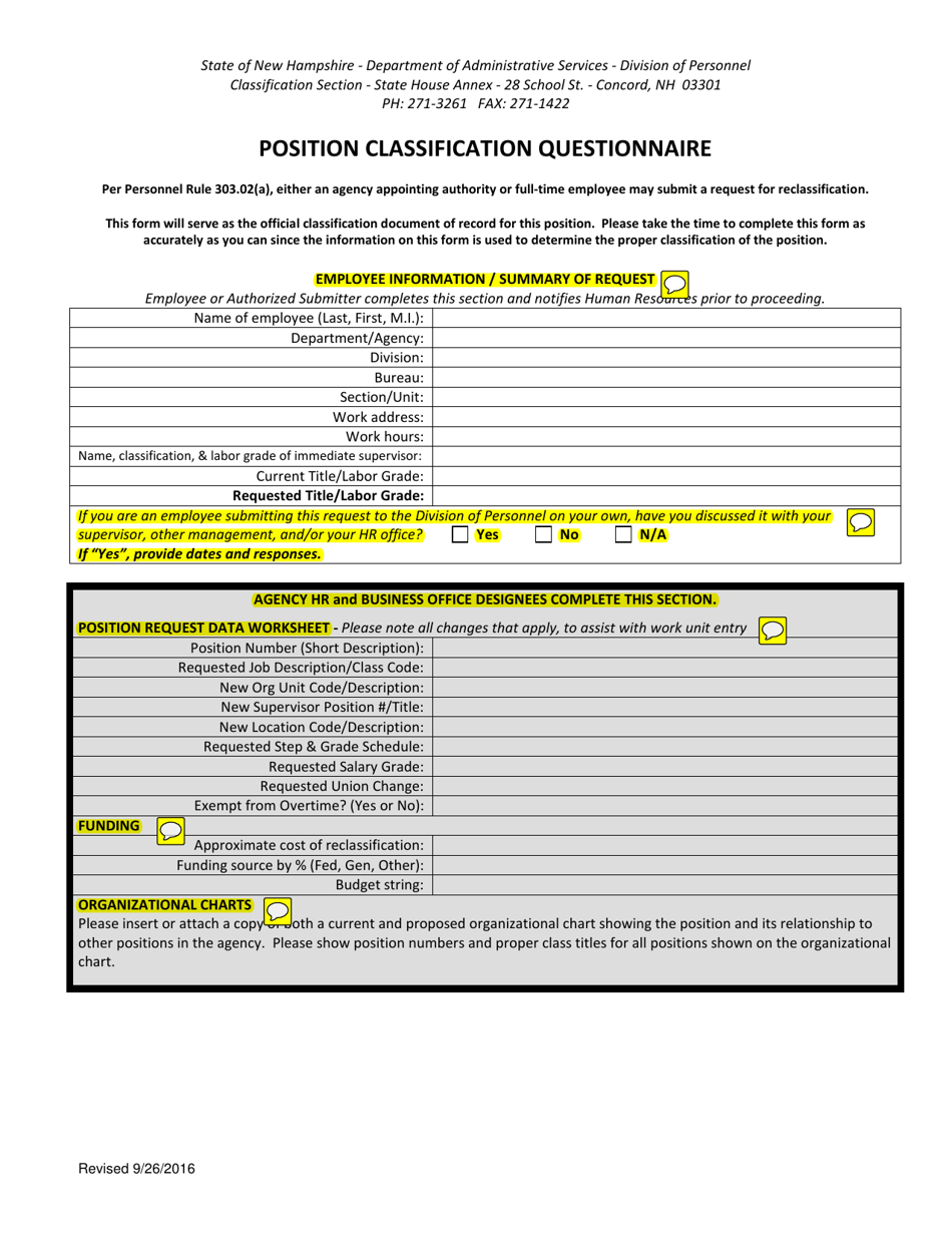 Instructions for Position Classification Questionnaire - New Hampshire, Page 1