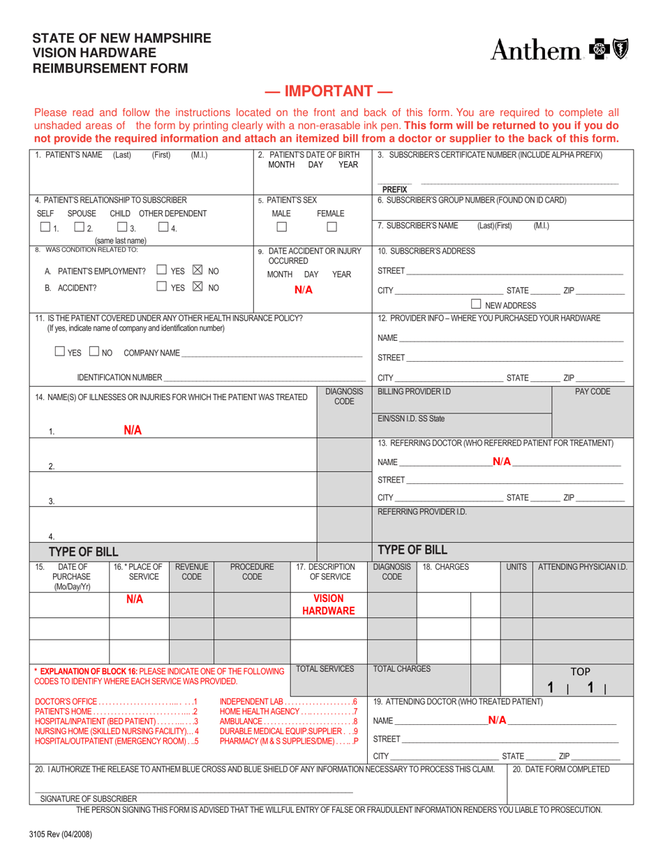 New Hampshire Vision Hardware Reimbursement Form Fill Out, Sign