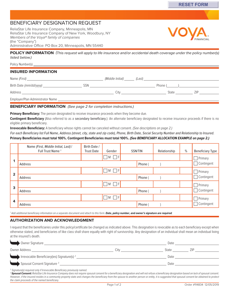 Voya Life Insurance Beneficiary Designation Form - New Hampshire, Page 1