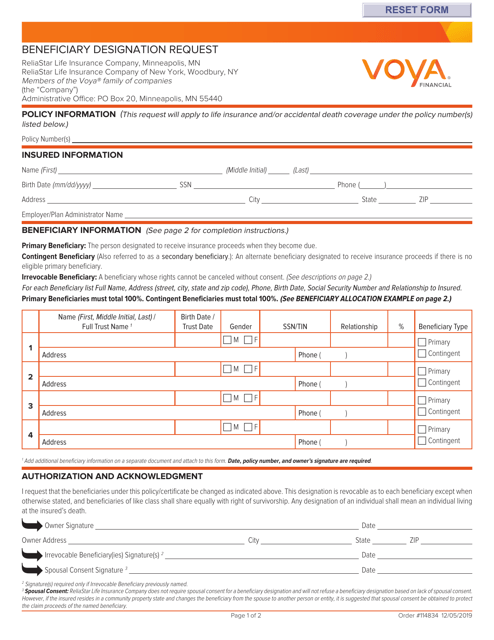 Voya Life Insurance Beneficiary Designation Form - New Hampshire Download Pdf