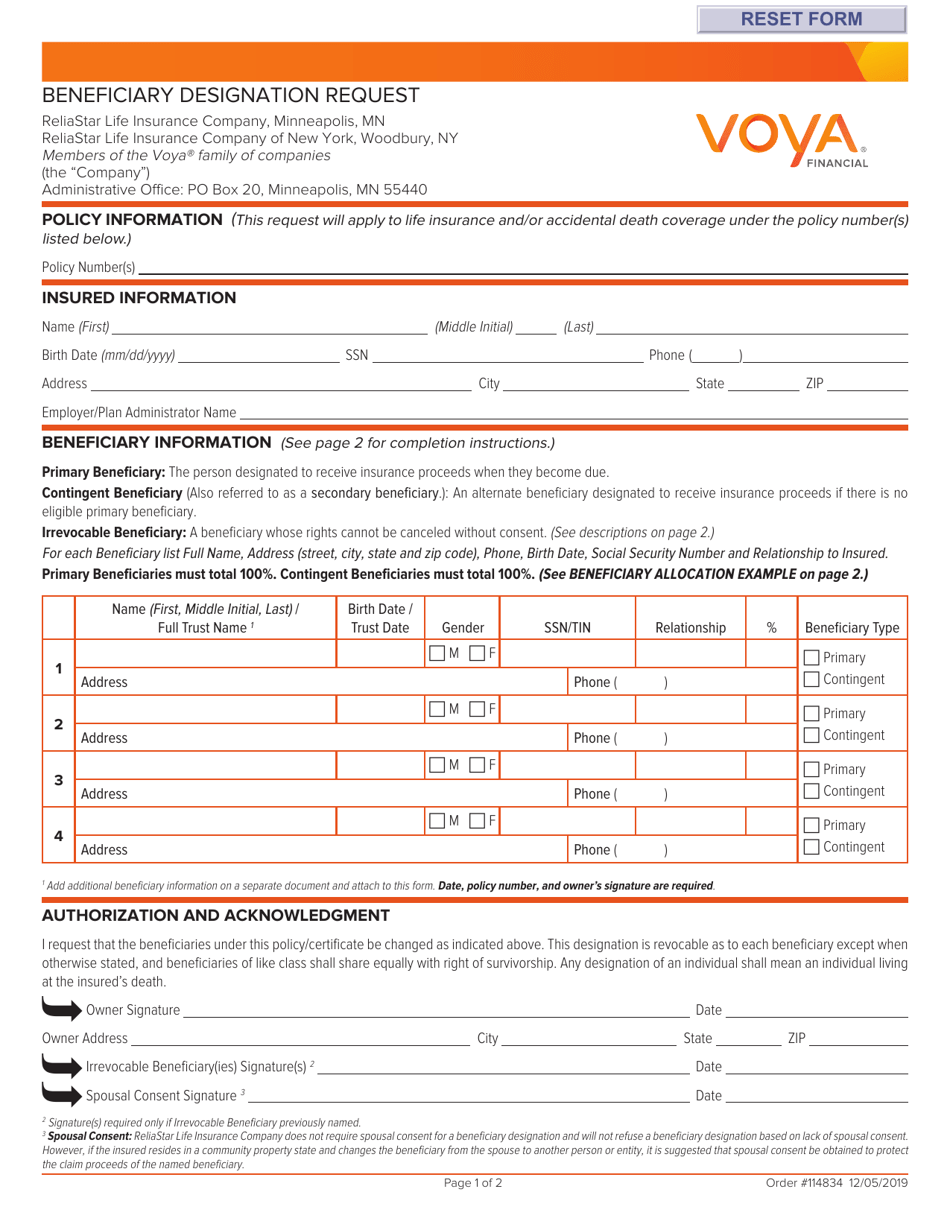 New Hampshire Voya Life Insurance Beneficiary Designation Form - Fill ...