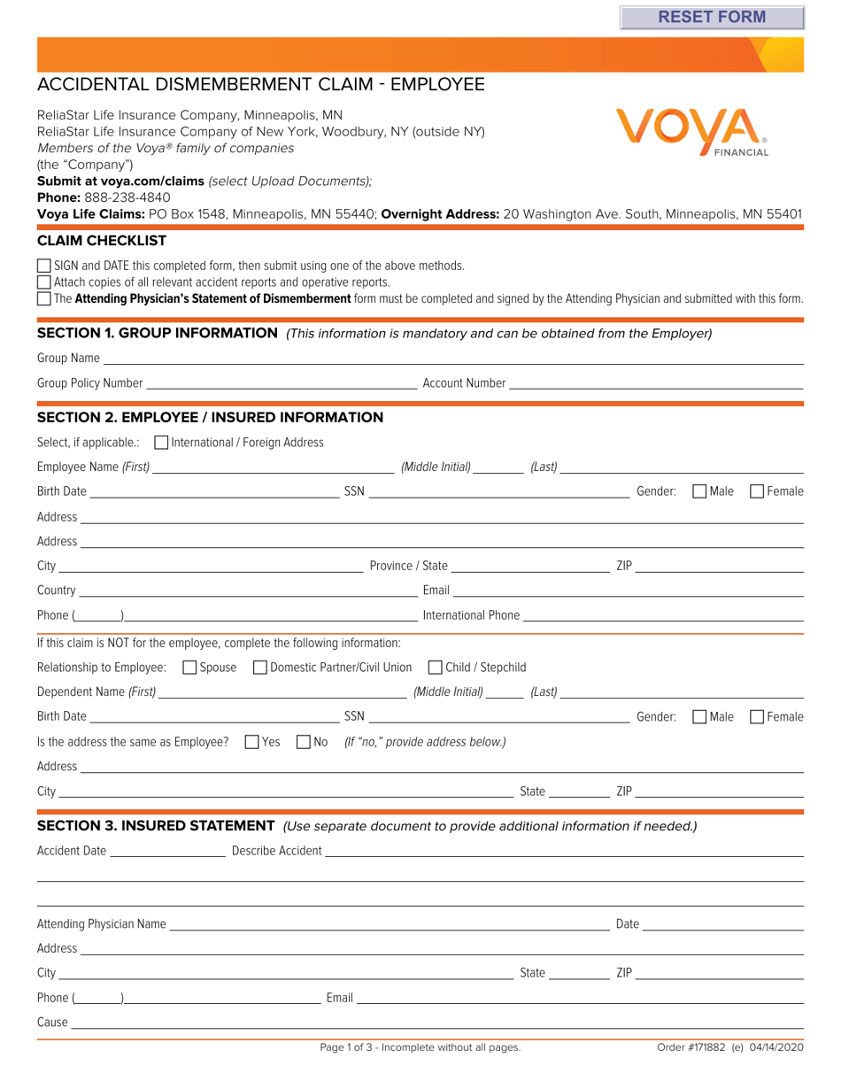Voya Life Insurance Employee Accidental Dismemberment Claim - New Hampshire, Page 1