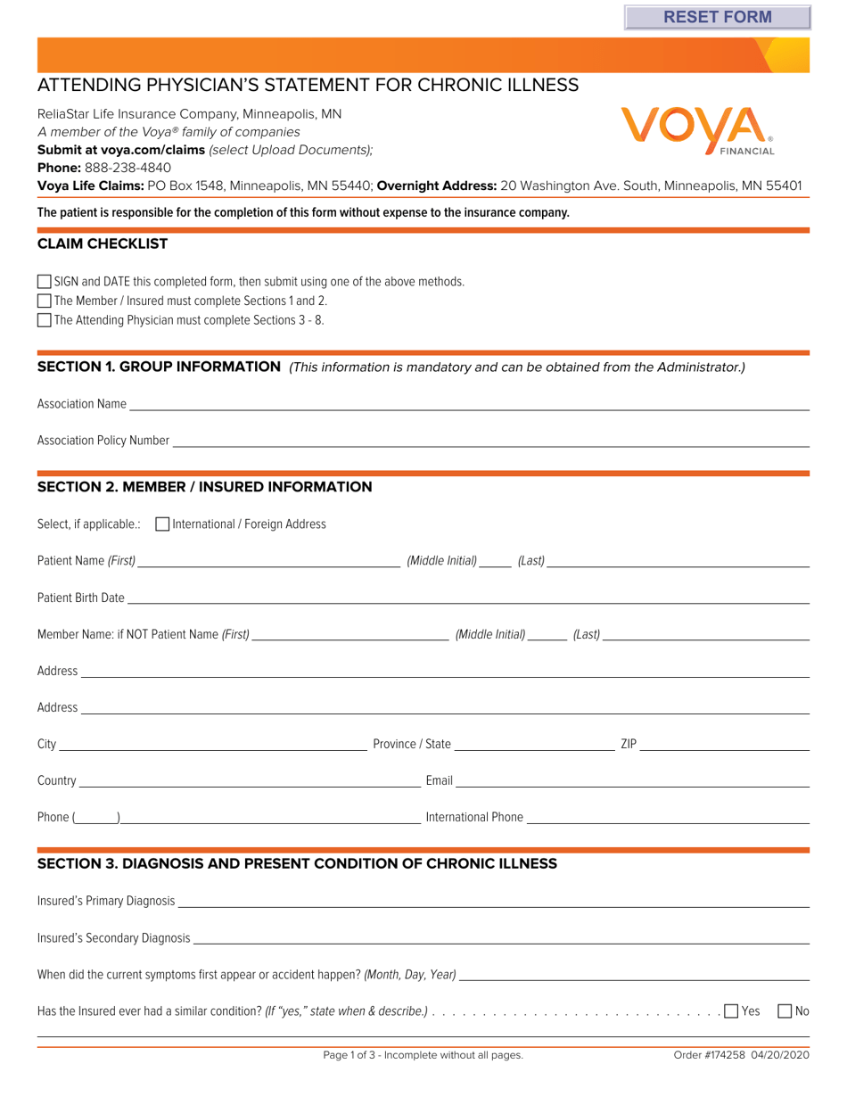 Voya Life Insurance Attending Physicians Statement for Chronic Illness - New Hampshire, Page 1