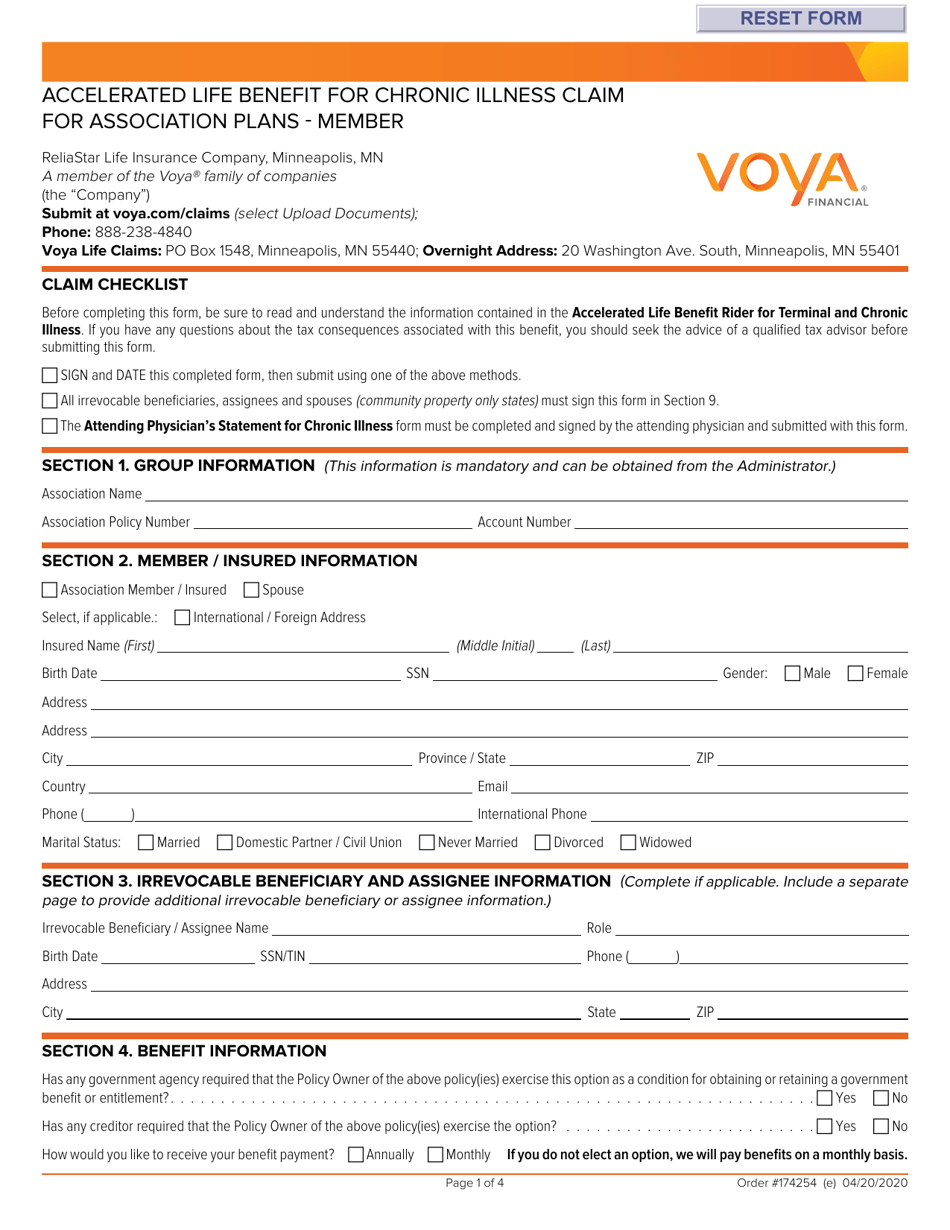 Voya Life Insurance Accelerated Life Benefit for Chronic Illness Claim for Association Plans - Member - New Hampshire, Page 1