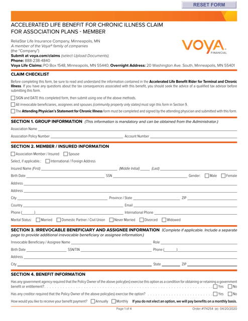 Voya Life Insurance Accelerated Life Benefit for Chronic Illness Claim for Association Plans - Member - New Hampshire Download Pdf