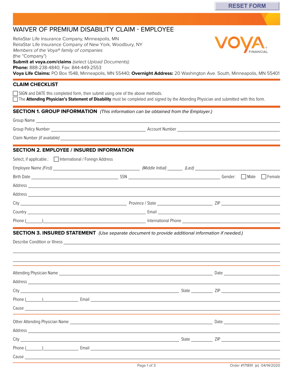 Voya Life Insurance Waiver of Premium Disability Claim Form - Employee - New Hampshire, Page 1